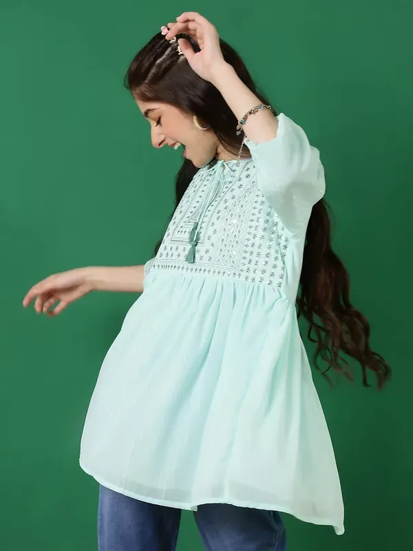 Light_Green_Georgette_Floral_Sequins_Embroidered_With_Neck_Tie_Up_Top_For_Girls