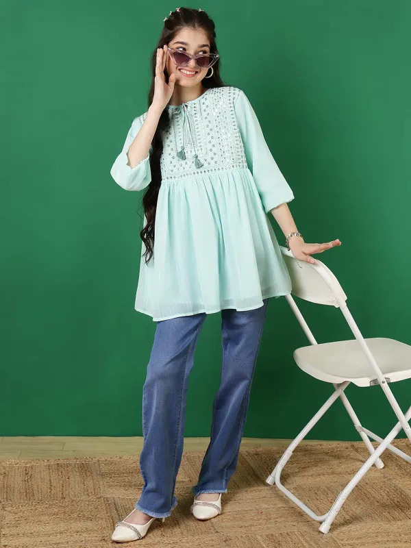 Light_Green_Georgette_Floral_Sequins_Embroidered_With_Neck_Tie_Up_Top_For_Girls