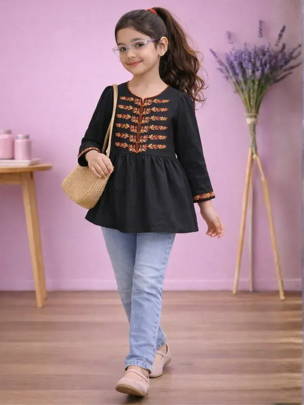 Girls_Black_Embroidered_Top_Ethnic_Fusion_Casual_Kids_Outfit