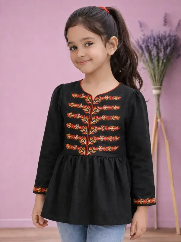 Girls_Black_Embroidered_Top_Ethnic_Fusion_Casual_Kids_Outfit
