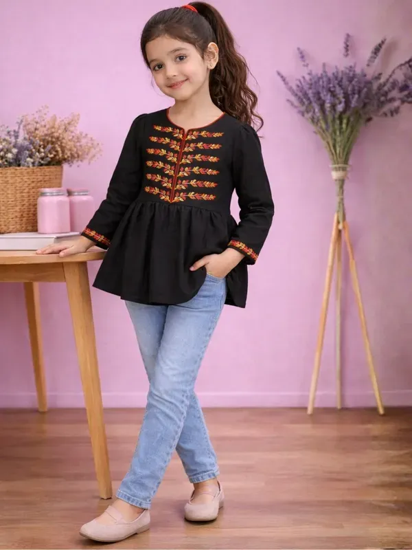 Girls_Black_Embroidered_Top_Ethnic_Fusion_Casual_Kids_Outfit