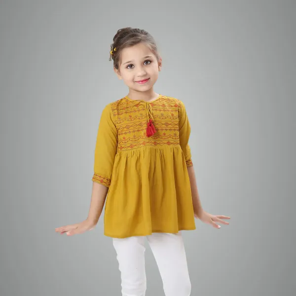Mustard_Rayon_Embroidered_Regular_Fit_Tie_Up_Neck_Casual_Top_For_Girls