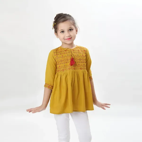 Mustard_Rayon_Embroidered_Regular_Fit_Tie_Up_Neck_Casual_Top_For_Girls