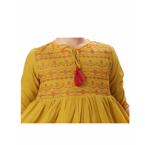 Mustard_Rayon_Embroidered_Regular_Fit_Tie_Up_Neck_Casual_Top_For_Girls