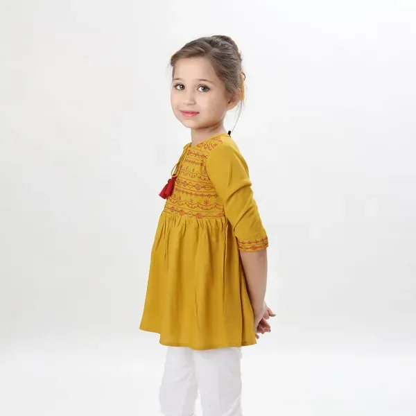 Mustard_Rayon_Embroidered_Regular_Fit_Tie_Up_Neck_Casual_Top_For_Girls