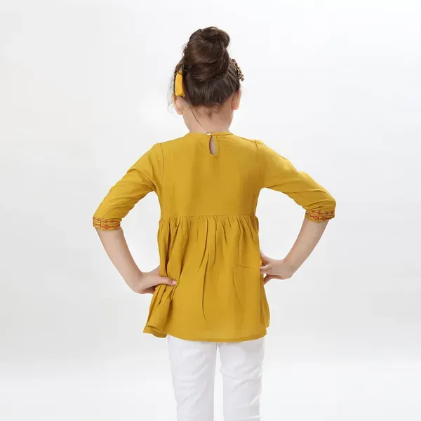 Mustard_Rayon_Embroidered_Regular_Fit_Tie_Up_Neck_Casual_Top_For_Girls