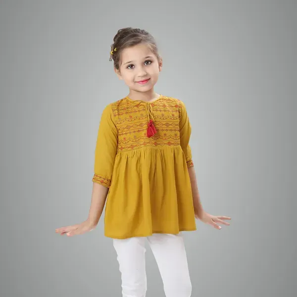 Mustard_Rayon_Embroidered_Regular_Fit_Tie_Up_Neck_Casual_Top_For_Girls
