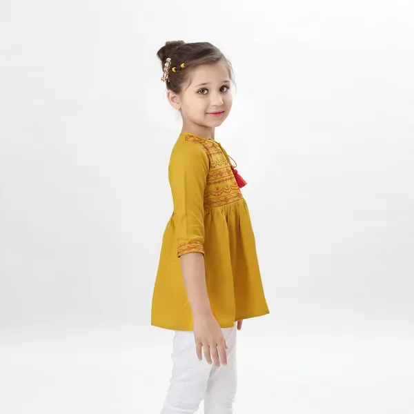 Mustard_Rayon_Embroidered_Regular_Fit_Tie_Up_Neck_Casual_Top_For_Girls