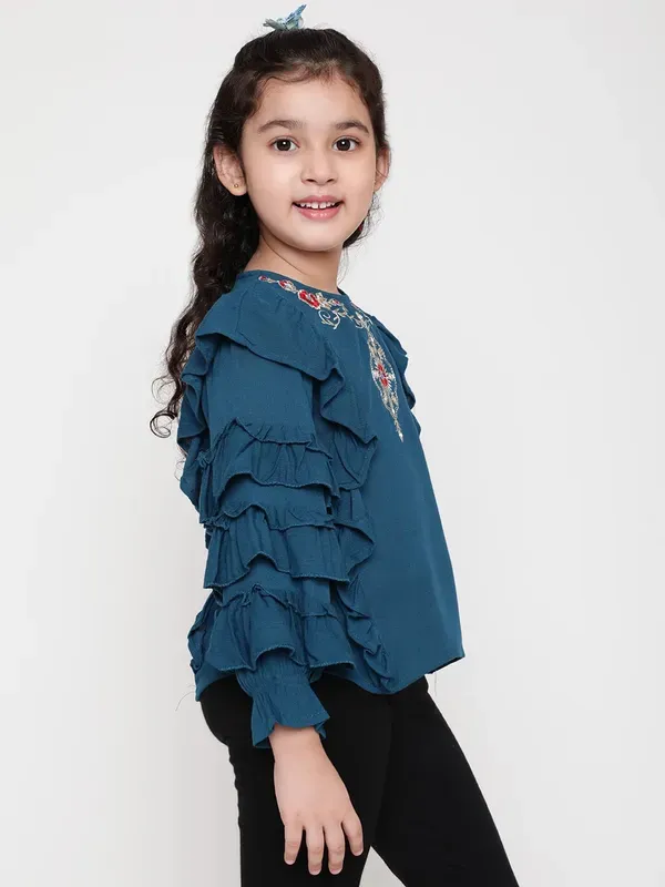 Dark_Blue_Party_Embellished_Embroidered_Festive_Casual_Top_For_Girls