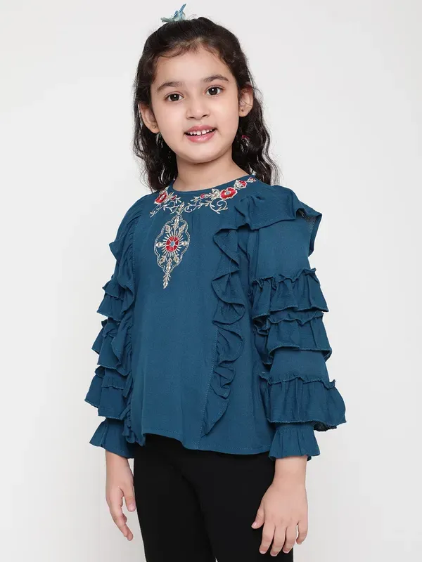 Dark_Blue_Party_Embellished_Embroidered_Festive_Casual_Top_For_Girls