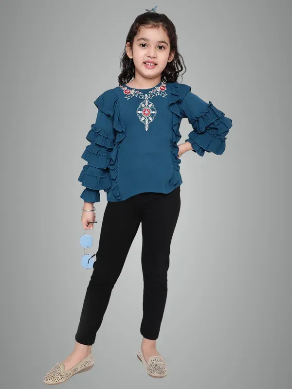 Dark_Blue_Party_Embellished_Embroidered_Festive_Casual_Top_For_Girls