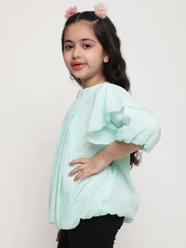 Light_Green_Layered_Sleeves_Solid_Regular_Fit_Round_Neck_Pleated_Casual_Top