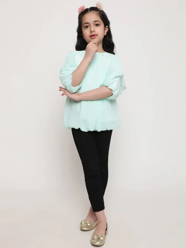 Light_Green_Layered_Sleeves_Solid_Regular_Fit_Round_Neck_Pleated_Casual_Top