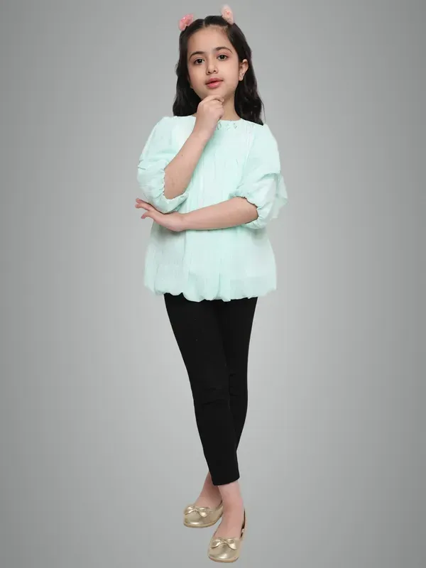 Light_Green_Layered_Sleeves_Solid_Regular_Fit_Round_Neck_Pleated_Casual_Top