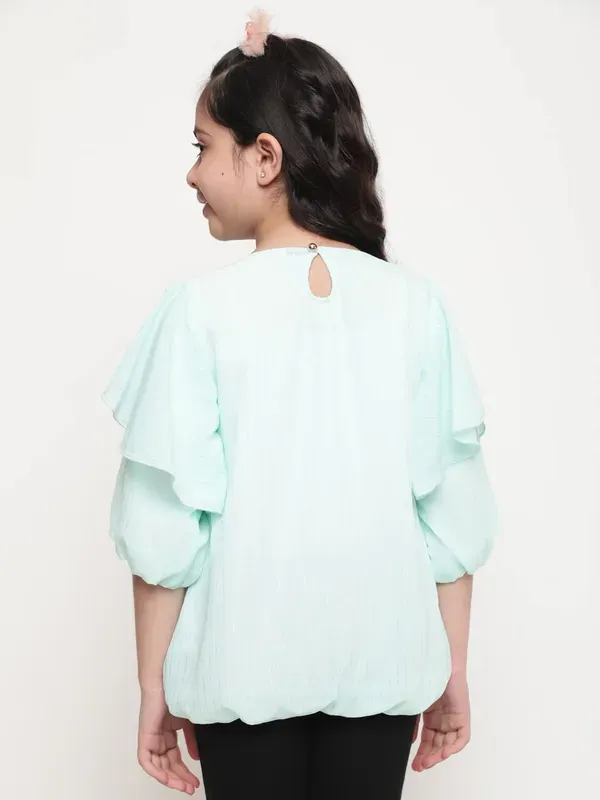 Light_Green_Layered_Sleeves_Solid_Regular_Fit_Round_Neck_Pleated_Casual_Top