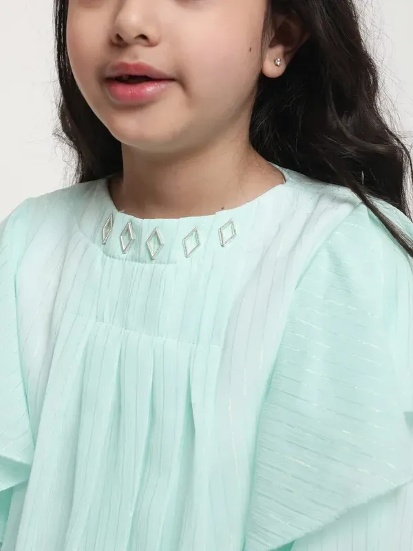 Light_Green_Layered_Sleeves_Solid_Regular_Fit_Round_Neck_Pleated_Casual_Top