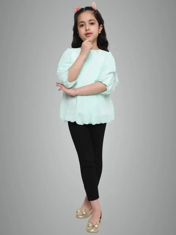 Light_Green_Layered_Sleeves_Solid_Regular_Fit_Round_Neck_Pleated_Casual_Top