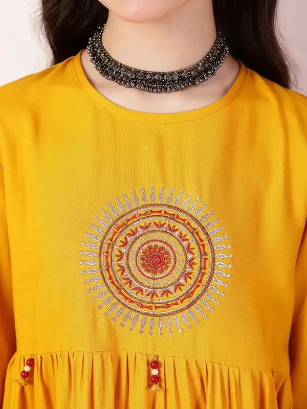 Mustard_Rayon_Floral_Embroidery_Regular_Fit_Tie_Up_Neck_Casual_Top_For_Girl