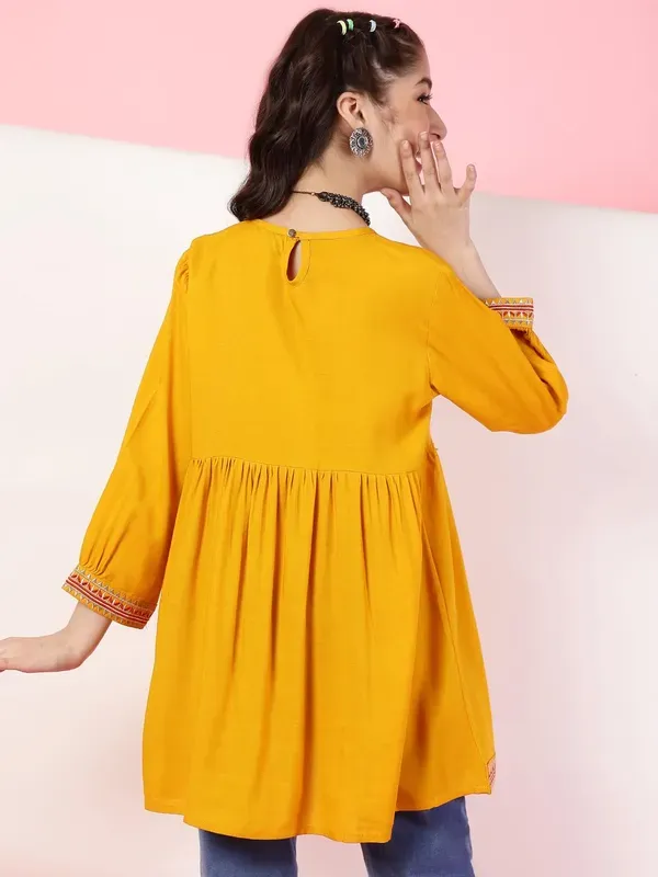 Mustard_Rayon_Floral_Embroidery_Regular_Fit_Tie_Up_Neck_Casual_Top_For_Girl