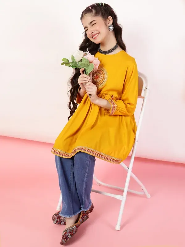 Mustard_Rayon_Floral_Embroidery_Regular_Fit_Tie_Up_Neck_Casual_Top_For_Girl