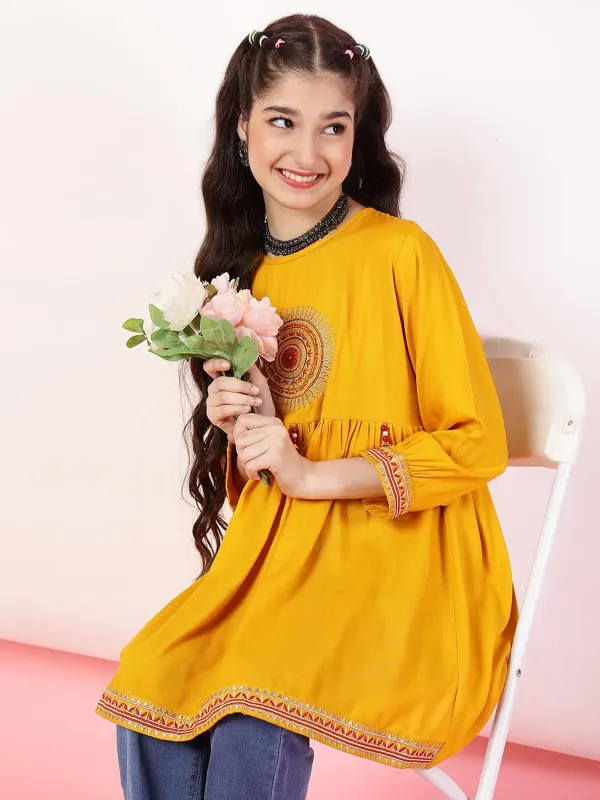 Mustard_Rayon_Floral_Embroidery_Regular_Fit_Tie_Up_Neck_Casual_Top_For_Girl