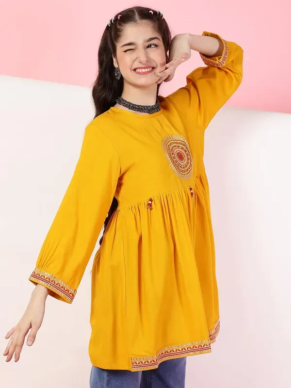 Mustard_Rayon_Floral_Embroidery_Regular_Fit_Tie_Up_Neck_Casual_Top_For_Girl