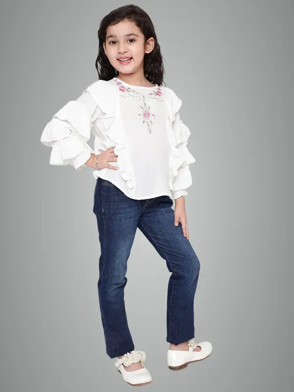 White_Party_Embellished_Embroidered_Festive_Casual_Top_For_Girls