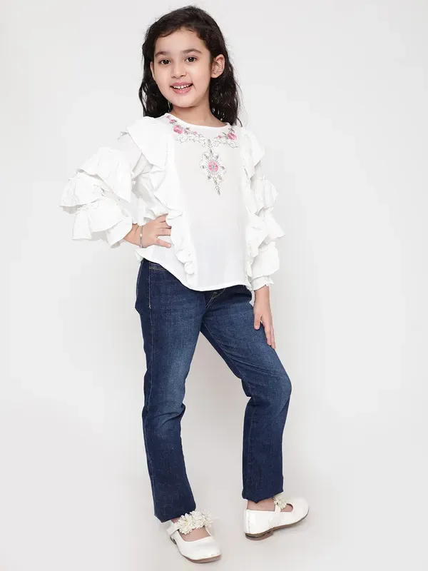 White_Party_Embellished_Embroidered_Festive_Casual_Top_For_Girls
