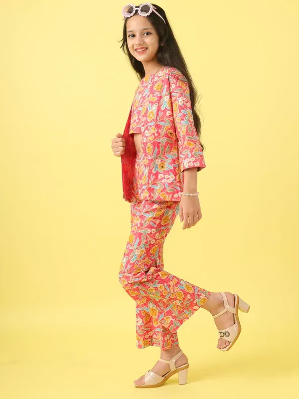 Multicolor_Floral_Printed_Stylish_Blazer_Crop_Top_And_Flared_Pants_Co-Ord_For_Girls