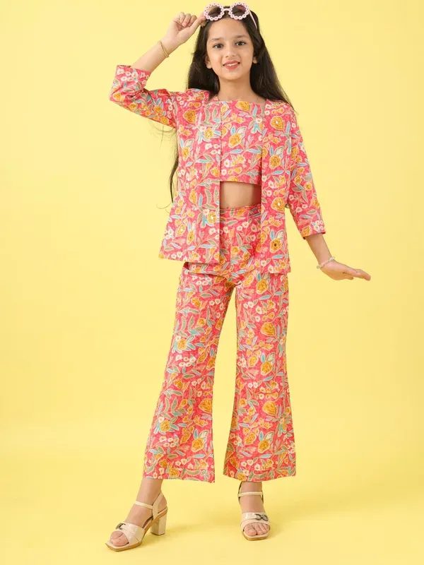 Multicolor_Floral_Printed_Stylish_Blazer_Crop_Top_And_Flared_Pants_Co-Ord_For_Girls