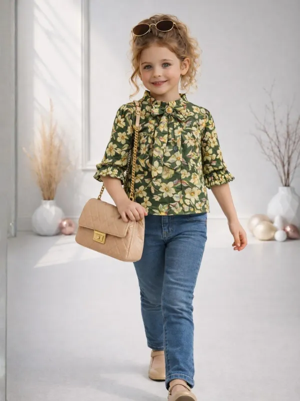 Girls_Floral_Green_Top_Stylish_Casual_Kids_Outfit