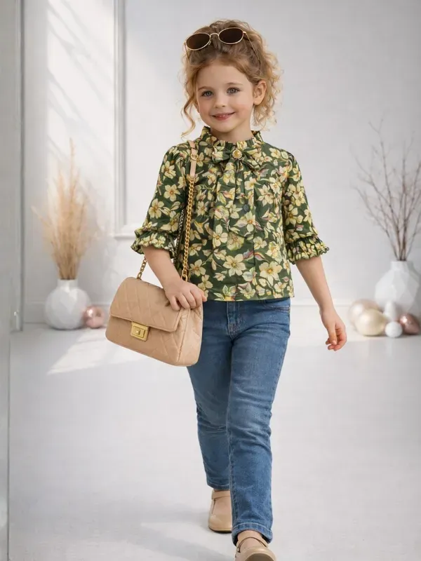 Girls_Floral_Green_Top_Stylish_Casual_Kids_Outfit