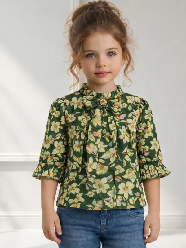 Girls_Floral_Green_Top_Stylish_Casual_Kids_Outfit