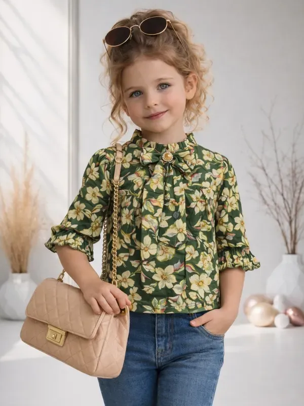 Girls_Floral_Green_Top_Stylish_Casual_Kids_Outfit