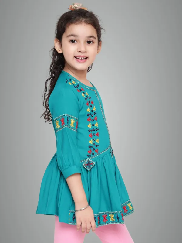 Rama_Rayon_Floral_Embroidery_Round_Neck_Casual_Top_For_Girls