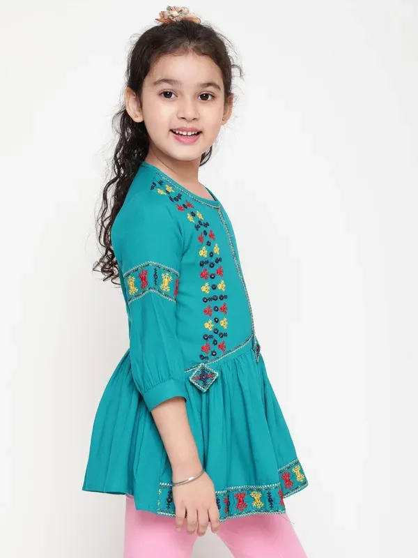 Rama_Rayon_Floral_Embroidery_Round_Neck_Casual_Top_For_Girls