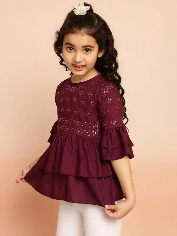 Wine_Layered_Sleeves_Embroidered_Regular_Fit_Round_Neck_Casual_Top_For_Girl