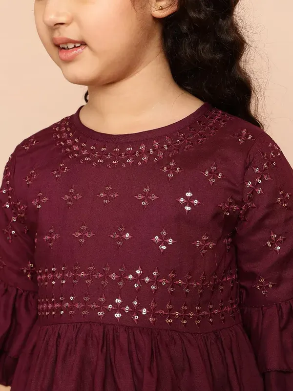 Wine_Layered_Sleeves_Embroidered_Regular_Fit_Round_Neck_Casual_Top_For_Girl