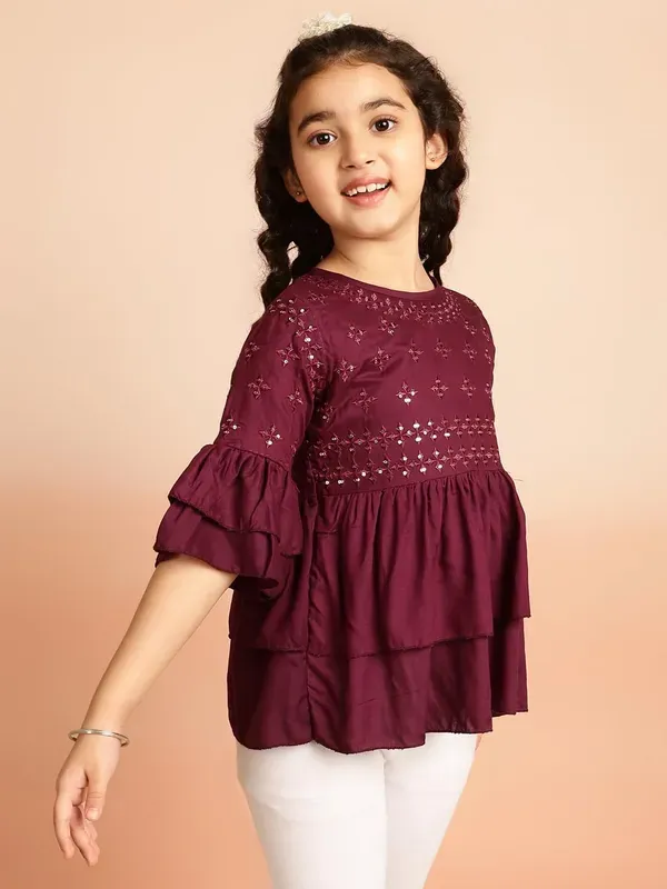 Wine_Layered_Sleeves_Embroidered_Regular_Fit_Round_Neck_Casual_Top_For_Girl