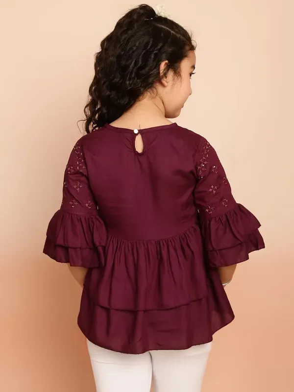 Wine_Layered_Sleeves_Embroidered_Regular_Fit_Round_Neck_Casual_Top_For_Girl