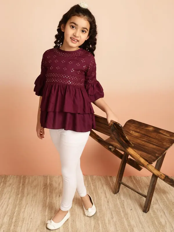 Wine_Layered_Sleeves_Embroidered_Regular_Fit_Round_Neck_Casual_Top_For_Girl