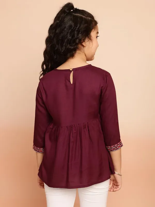 Wine_Rayon_Embroidered_Regular_Fit_Tie_Up_Neck_Casual_Top_For_Girls