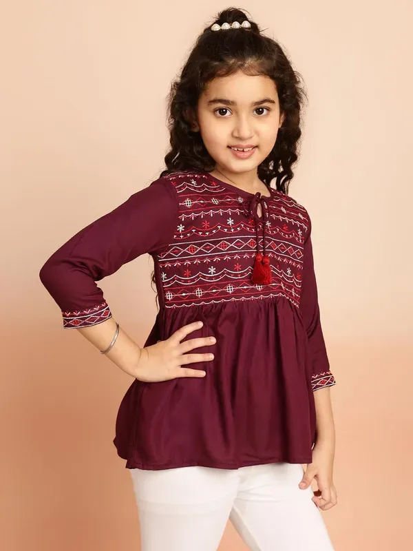 Wine_Rayon_Embroidered_Regular_Fit_Tie_Up_Neck_Casual_Top_For_Girls