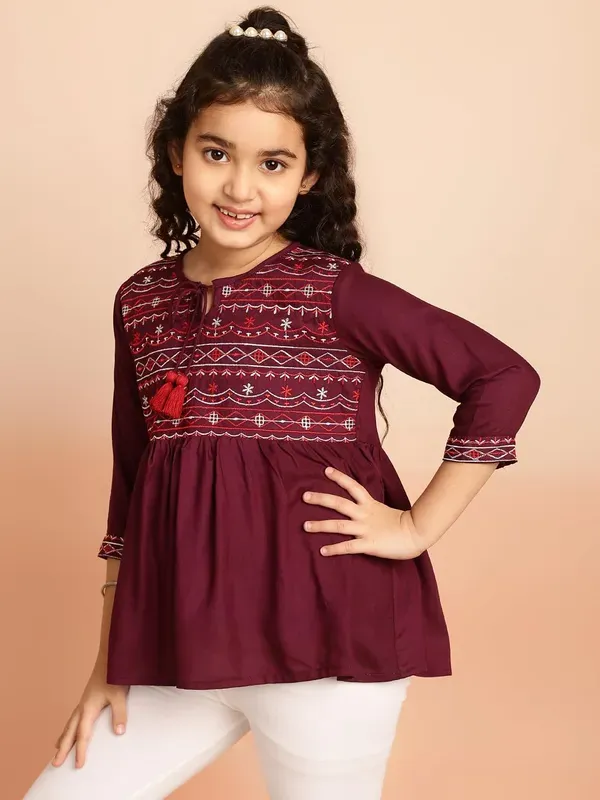 Wine_Rayon_Embroidered_Regular_Fit_Tie_Up_Neck_Casual_Top_For_Girls