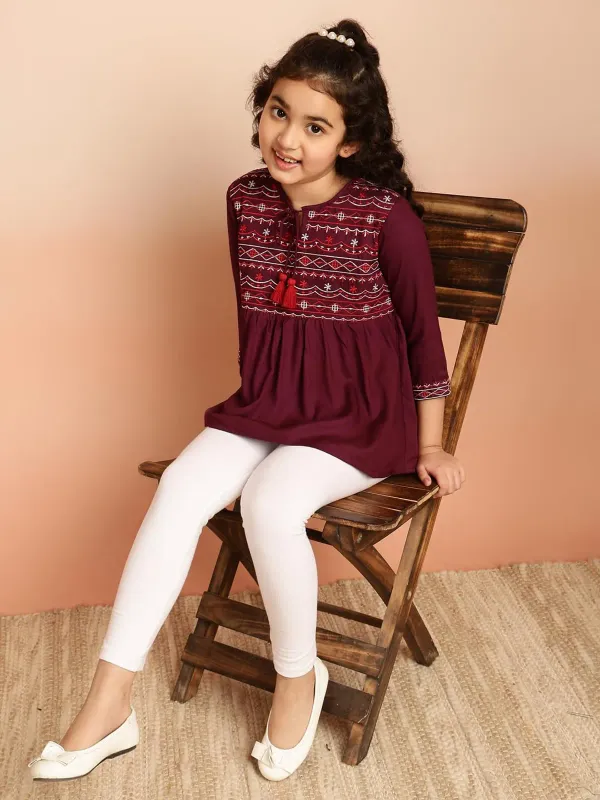 Wine_Rayon_Embroidered_Regular_Fit_Tie_Up_Neck_Casual_Top_For_Girls