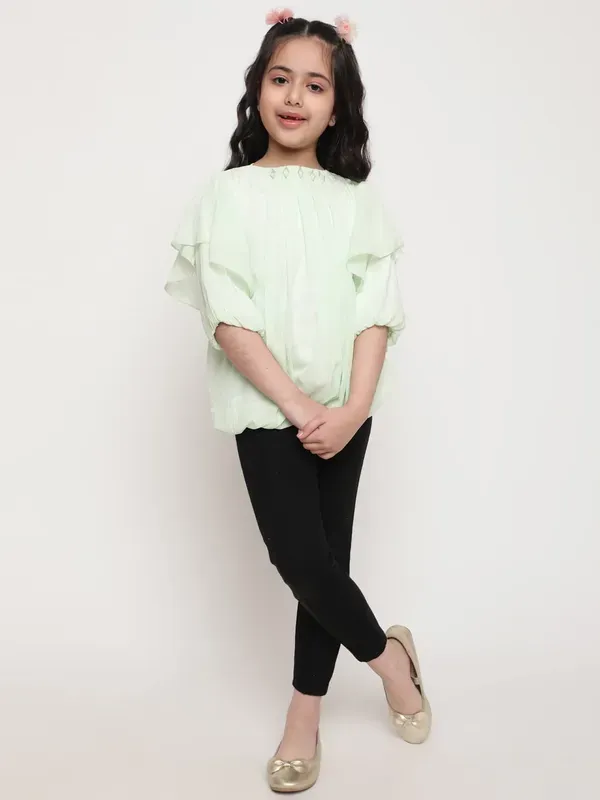 Pista_Layered_Sleeves_Solid_Regular_Fit_Round_Neck_Pleated_Casual_Top_For_Girls