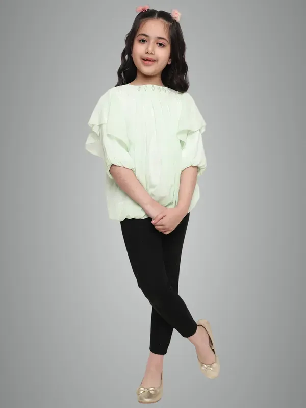 Pista_Layered_Sleeves_Solid_Regular_Fit_Round_Neck_Pleated_Casual_Top_For_Girls
