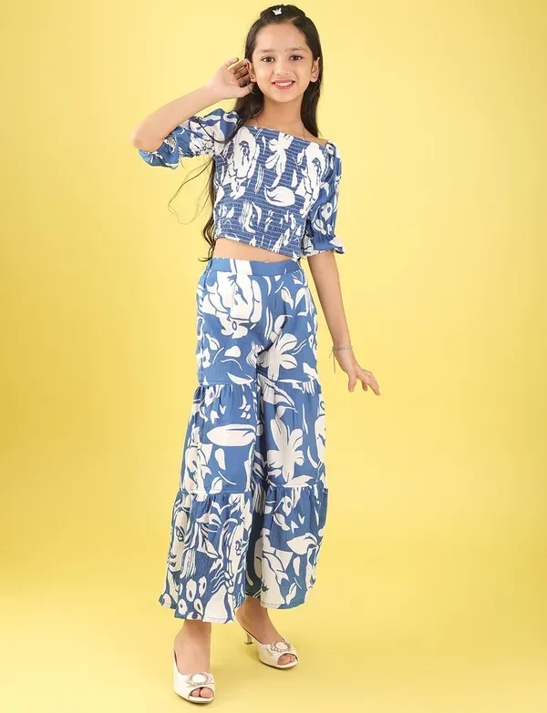 Blue_Floral_Smocked_Crop_Top_And_Wide_Leg_Palazzo_Pants_Co-Ord_Set_For_Girl