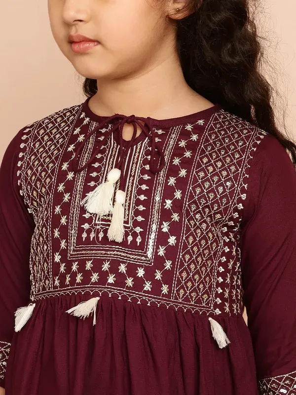Wine_Embroidered_Regular_Fit_Tie_Up_Neck_Casual_Top_For_Girls