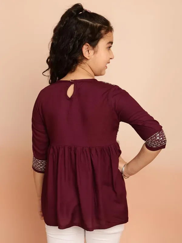 Wine_Embroidered_Regular_Fit_Tie_Up_Neck_Casual_Top_For_Girls